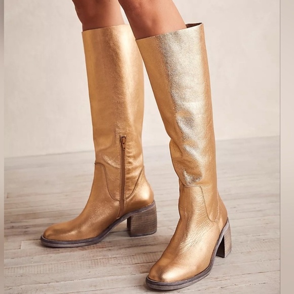 Free People Shoes - Free People | Women’s Essentials Tall Gold Metallic Leather Boots Size 6 NWOB